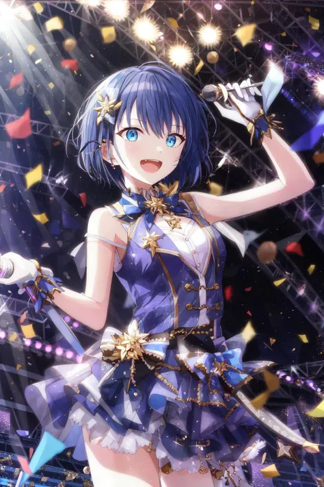 <lora:haruka-000012:0.65>,(sharp eyes ::1.2),short hair,idol, stage costume,in the stage,slim ,colorful,holding mike,confetti, penlight, stage