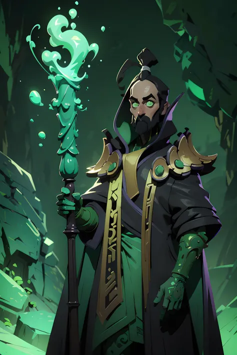 1boy, black coat, full body, glowing, green eyes, green gloves, green magic, holding staff, magic staff, robe, magic tower at the background, tower, rocks, big rocks, night, night sky, night atmosphere, dark, staff, wizard,<lora:Rubick:0.9>, high detailed, high quality, masterpiece, perfect, intricate detailes, aesthetic, Painting, intricate details, modern-style colour illustration, detailed setting, freckles, reaction frame, erotic aesthetics,