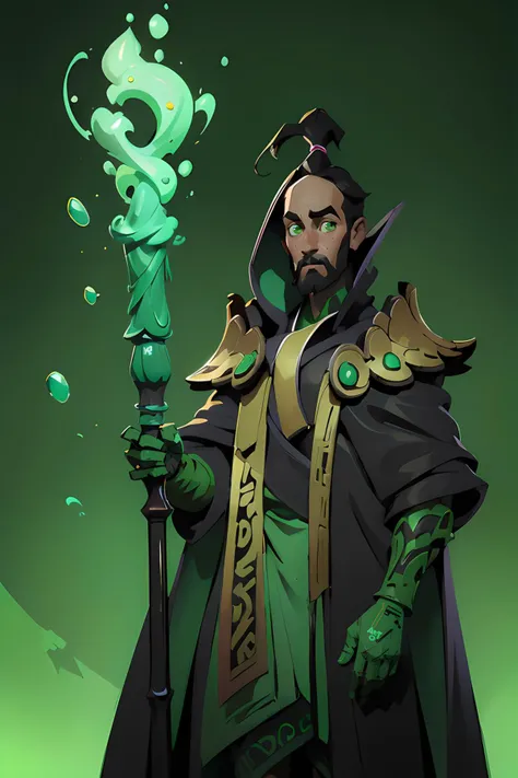 1boy, black coat, full body, glowing, green eyes, green gloves, green magic, holding staff, magic staff, robe, simple background, staff, wizard,<lora:Rubick:0.9>, high detailed, high quality, masterpiece, perfect, intricate detailes, aesthetic, Painting, intricate details, modern-style colour illustration, detailed setting, freckles, reaction frame, erotic aesthetics,