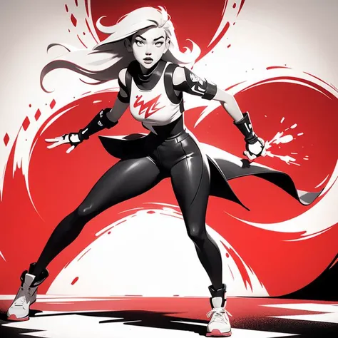 An epic full body girl,illustration , cover art , (((monochrome))) , portrait , red background , red splash ,graffiti