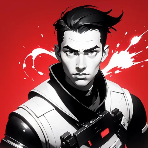 a soldier,illustration , cover art , (((monochrome))) , portrait , red background , red splash ,graffiti