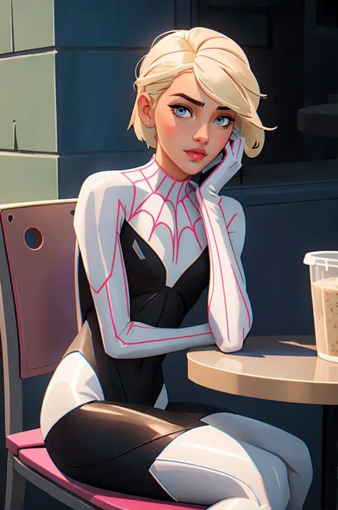 gwen stacy, blonde hair, short hair, spider-gwen suit, bodysuit, <lora:gwen_1.5:0.4>, street, Sitting on a chair at a table, best quality, masterpiece, <lora:LowRA:0.5>