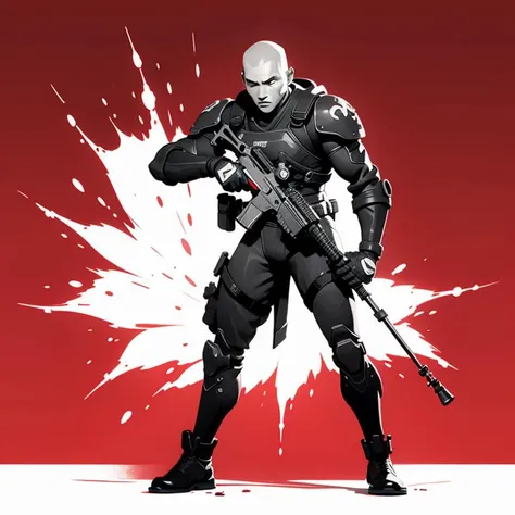 An epic full body soldier,illustration , cover art , (((monochrome))) , portrait , red background , red splash ,graffiti