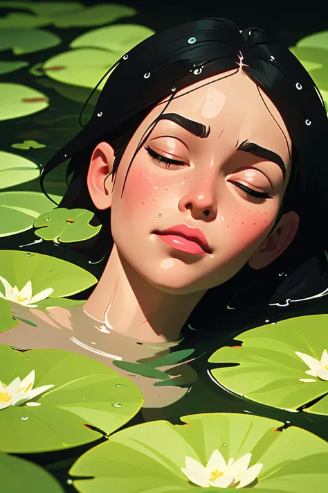 (best quality, masterpiece)
close up, full face, a woman, chin is under the water, wet black hair, (lily pad:0.8), (light pink and green colour palette:0.8), fluidity, wet skin, eyes closed
intricate details, hyperdetailed