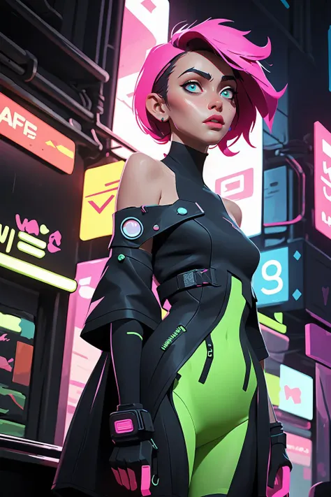 (best quality, masterpiece), 1girl, cyberpunk, neon, off shoulder,
