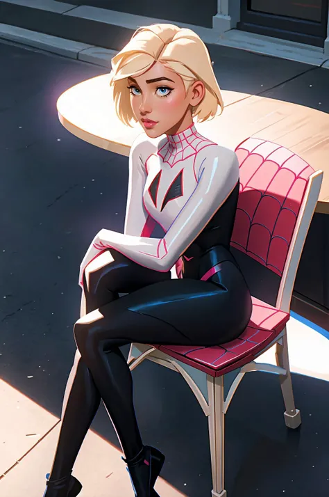 gwen stacy, blonde hair, short hair, spider-gwen suit, bodysuit, <lora:gwen_1.5:0.4>, street, Sitting on a chair at a table, best quality, masterpiece, <lora:LowRA:0.5>