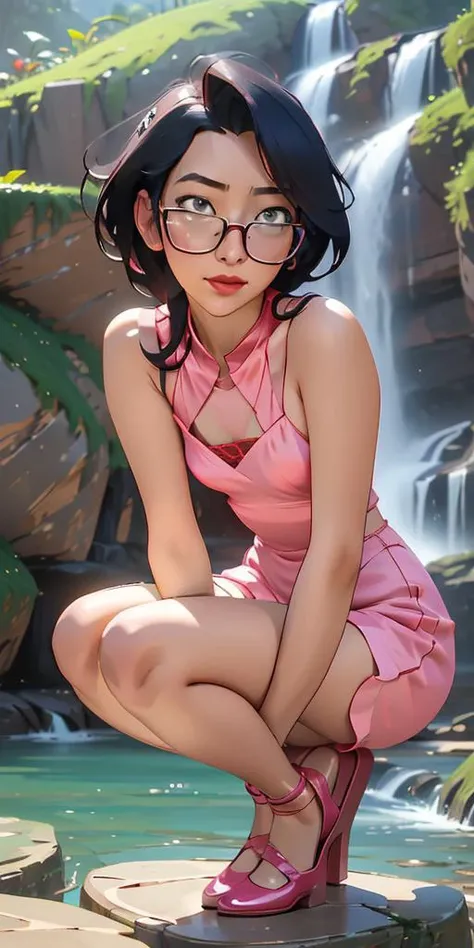 (1girl, solo, alone), (WakatsukiRisa, Sarada Uchiha, black hair, short hair, black eyes, red glasses), ((solo, (1woman, (small bust), pink lipstick, black eyes), Extremely detailed, ambient soft lighting, 4k, perfect eyes, a perfect face, perfect lighting, a 1girl)), ((fitness,, shapely body, athletic body, toned body)), ((school yard, garden, crouching, girl crouching, seductive high , cute, attractive, showing panties, white panties))
