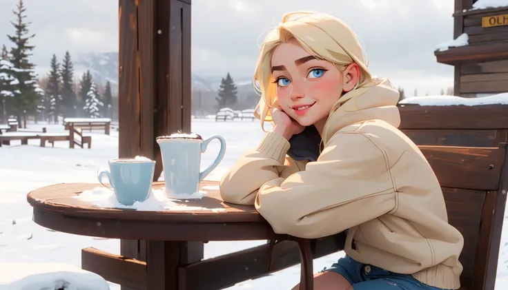 (masterpiece, top quality, best quality), tall, young woman, sweater, shorts, sitting on chair, across the table, looking at viewer, hands tucked behind, snow cafe background, gloomy sky, blush, shy smile, (light_blue_eyes:1.3), adult_female, (blonde_hair:1.2), light blue eyes,