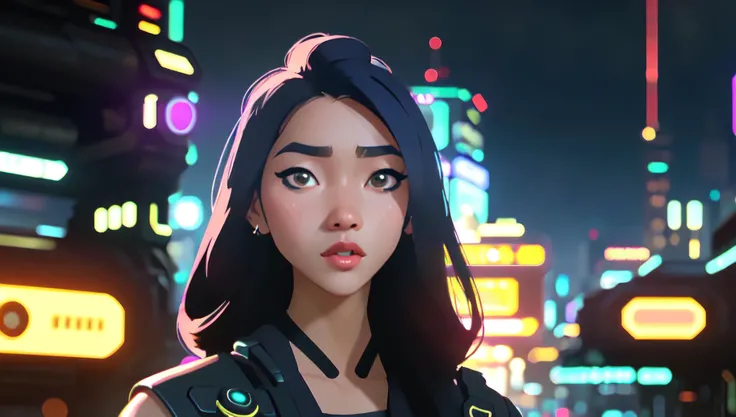 (steampunk:0.5)+(cyberpunk:0.5) style, closeup portrait, 1girl, futuristic urban outfit, out of focus futuristic city background, night time scene, bokeh, anamorphic lens flare