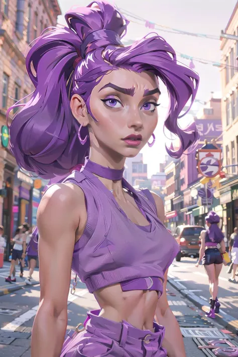 (best quality, masterpiece), 1girl, megara, purple hair, ponytail <lora:sxz-megara-allnew:0.7>, crop top <lora:UnderboobV1:0.5>, choker, looking at viewer, upper body, blurry, earrings, street, naked vest, open vest, sleeveless, large breasts, long hair, <lora:NakedVest:0.6>