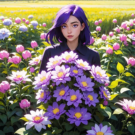 girl with flowers in the field purple hair,