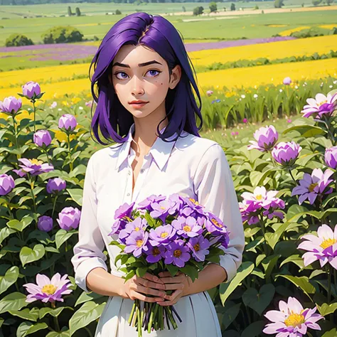 girl with flowers in the field purple hair,