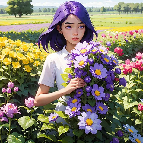 girl with flowers in the field purple hair,