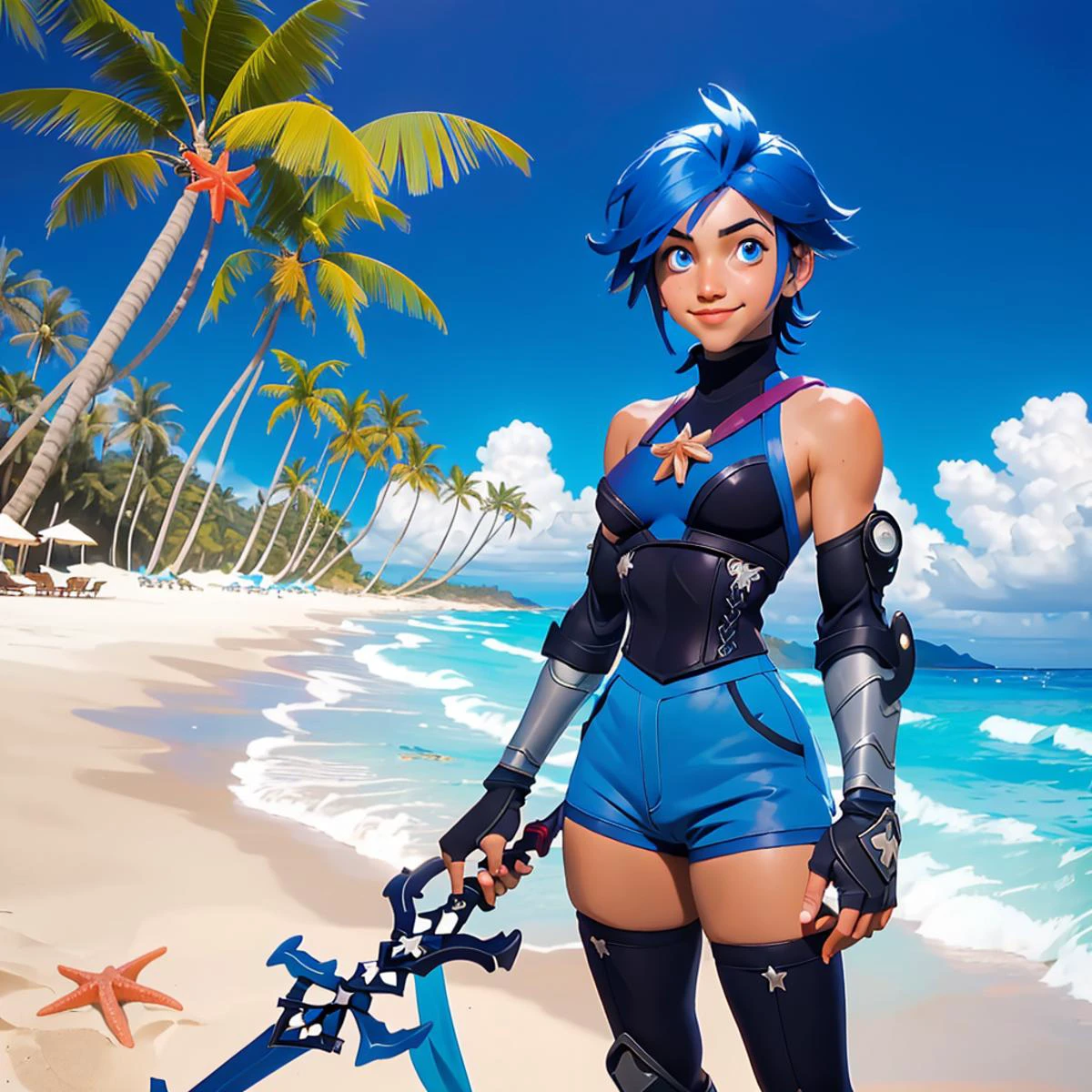<lora:kingdomhearts_aqua:0.8> khaqua, 20 years old, blue hair, blue eyes, sleeveless, detached sleeves, fingerless gloves, shorts, black thighhighs, bare shoulders, on a tropical beach, palm tree, starfish, kind, slight smile, keyblade, one hand reaching towards viewer