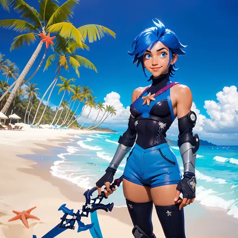 <lora:kingdomhearts_aqua:0.8> khaqua, 20 years old, blue hair, blue eyes, sleeveless, detached sleeves, fingerless gloves, shorts, black thighhighs, bare shoulders, on a tropical beach, palm tree, starfish, kind, slight smile, keyblade, one hand reaching towards viewer