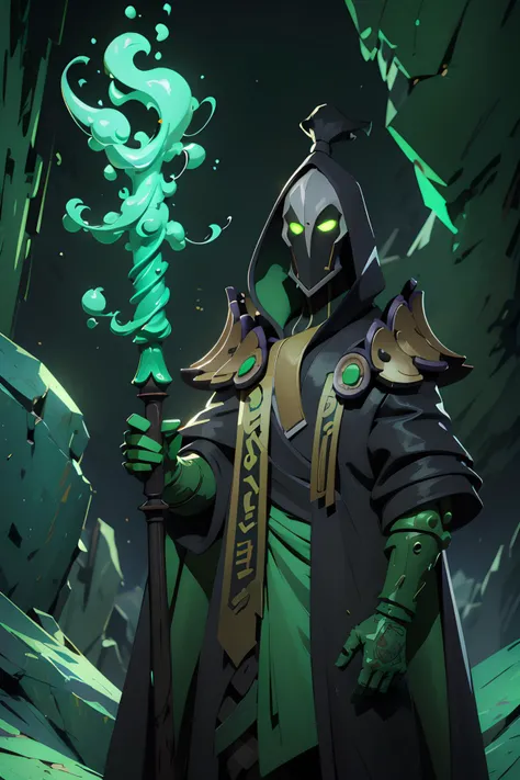 1boy, black coat, full body, glowing, green eyes, green gloves, green magic, holding staff, magic staff, robe, magic tower at the background, tower, rocks, big rocks, night, night sky, night atmosphere, dark, staff, wizard,<lora:Rubick:0.9>, high detailed, high quality, masterpiece, perfect, intricate detailes, aesthetic, Painting, intricate details, modern-style colour illustration, detailed setting, freckles, reaction frame, erotic aesthetics,