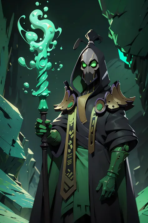 1boy, black coat, full body, glowing, green eyes, green gloves, green magic, holding staff, magic staff, robe, magic tower at the background, tower, rocks, big rocks, night, night sky, night atmosphere, dark, staff, wizard,<lora:Rubick:0.9>, high detailed, high quality, masterpiece, perfect, intricate detailes, aesthetic, Painting, intricate details, modern-style colour illustration, detailed setting, freckles, reaction frame, erotic aesthetics,