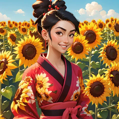 <lora:fuu:0.8> fuu kimono, hair ornament, hair stick, ponytail, field of sunflowers, smile,