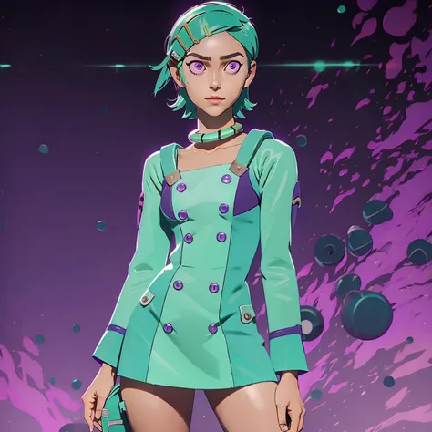 1girl, short hair, hair ornamen, purple eyes, hairclip,aqua hair,thigh pouch, thigh holster,collarbone, collar, buttons,dress, <lora:eureka:1>