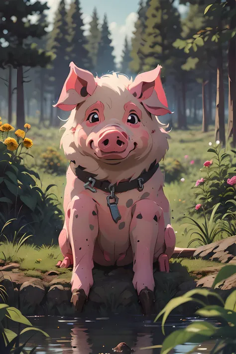 (Pig:1.2), sitting in a clearing, sunny, cartoon, happy, cute, small, snout, pink fur, hooves, 4 paws, pig anatomy, fat, <lora:Retro_Anime:0.6>, (chibi:1.1),, high detailed, high quality, masterpiece, perfect, intricate detailes, aesthetic, Painting, intricate details, modern-style colour illustration, detailed setting, freckles, reaction frame, erotic aesthetics,