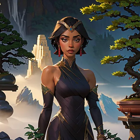 1girl,  <lora:lol_karma:0.8> karma \(league of legends\) dress, jewelry, dark-skinned female, makeup, short hair, detached sleeves, tiara, bonsai tree, Daoist temple, mountains, mist, YinYang