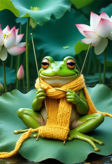 A Disney-style frog sitting on a lotus leaf, knitting a scarf with needles. The frog's expression is joyful and focused, with its tiny hands carefully working on the scarf. Surrounding it are blooming lotus flowers, adding soft pinks and whites to the vibrant green setting. The scene is whimsical and enchanting, with the frog's scarf growing longer as it knits, creating a charming, magical atmosphere in the style of animated Disney films