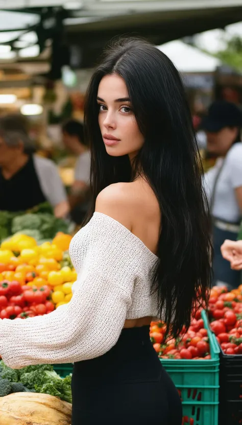 High quality masterpiece Realistic Photo, iphone, of a woman with long dark hair, piercing beautiful eyes, perfectly shaped backside, A fit woman in a chic off-shoulder sweater and high-waisted leggings, shopping at an outdoor market. She is slightly bent over as she examines fresh produce, with her profile highlighting her curves. The scene includes colorful market stalls in the background, bustling with people and vibrant fruits and vegetables. [photorealistic, natural lighting, close-up angle],  (photorealistic:1.2), 32k, high contrast, (intricately detailed eyes), real (skin textures), aidmaimageupgrader
