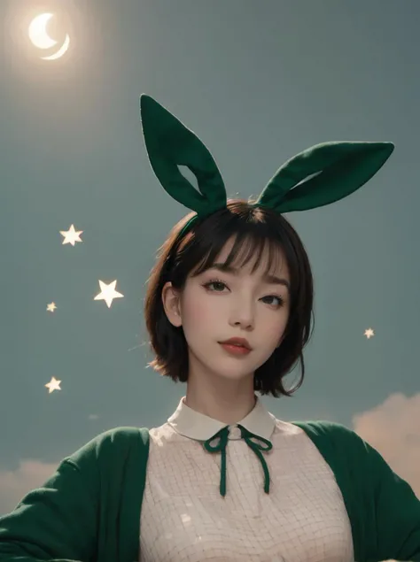 a drawing of a girl with stars in the background,in the style of minimal retouching,realistic trompe-l'oeil,dark green and light gray,wimmelbilder,animated gifs,alessandro gottardo,<lora:bunnyfishnet_SDXL_reg1_:0.8>,bunnyfishnet,bunny_ears,, best quality, masterpiece, highres, absurdres, incredibly absurdres, huge filesize, wallpaper, colorful,8K,RAW photo
