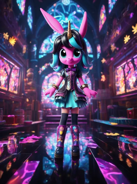 1girl with detailed eyes,in the style of dark reflections,background is My Little Pony,by Robby Cavanaugh,<lora:bunnyfishnet_SDXL_reg1_:0.2> bunnyfilshnet, best quality, masterpiece, highres, absurdres, incredibly absurdres, huge filesize, wallpaper, colorful,8K,RAW photo