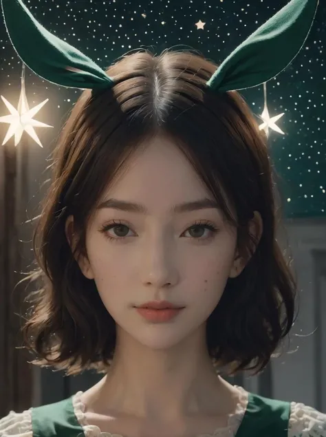 a drawing of a girl with stars in the background,in the style of minimal retouching,realistic trompe-l'oeil,dark green and light gray,wimmelbilder,animated gifs,alessandro gottardo,<lora:bunnyfishnet_SDXL_reg1_:0.8>,bunnyfishnet,bunny_ears,, best quality, masterpiece, highres, absurdres, incredibly absurdres, huge filesize, wallpaper, colorful,8K,RAW photo