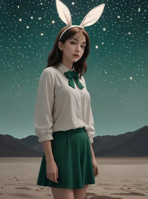 a drawing of a girl with stars in the background,in the style of minimal retouching,realistic trompe-l'oeil,dark green and light gray,wimmelbilder,animated gifs,alessandro gottardo,<lora:bunnyfishnet_SDXL_reg1_:0.8>,bunnyfishnet,bunny_ears,, best quality, masterpiece, highres, absurdres, incredibly absurdres, huge filesize, wallpaper, colorful,8K,RAW photo