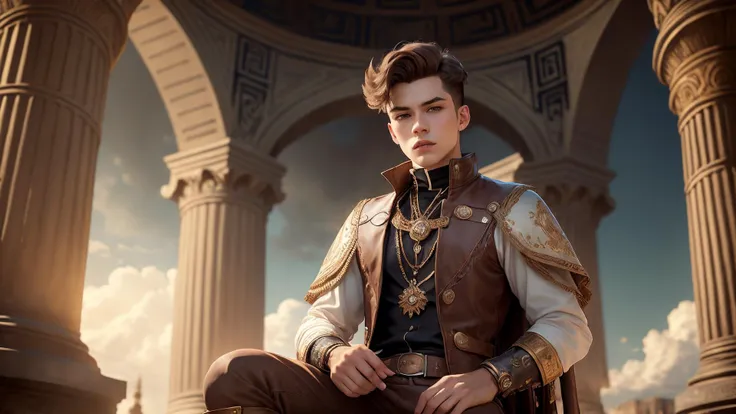 best quality, masterpiece, of a male, dressed as a Cleric, with brown hair, with a male Tousled beach waves hairstyle, wearing a steampunk mask, close-up, sitting, In a celestial palace in the clouds, home to a pantheon of gods,, realistic, concept art, cinematic, volumetric lighting, highly detailed, 8k ultradetialed character with perfect face,detailed skin,(ultrasharp:1.3),(masterpiece:1.1),best quality AS-YoungV2,(photorealistic:1.2),ultrarealistic,realistic ultradetailed character,4k perfect quality,<lyco:GoodHands-beta2:1>Magnificent,Imperceptible detail,Intricately designed,