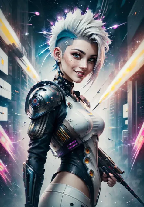 StarDust, (masterpiece), (half-turn:1.2), freckles, (best quality:1.2), absurdres, (intricate details:1.2),  (smiling:1.1),   (ruins:0.9), (cyberpunk:1.2), (beautiful 25 yo sniper:1.2), (short white hair:1.1), (hi-top fade:1.3), (wearing cuberpunk armor:1.2),  <lora:StarDust:0.7>, (natural skin texture:1.2)