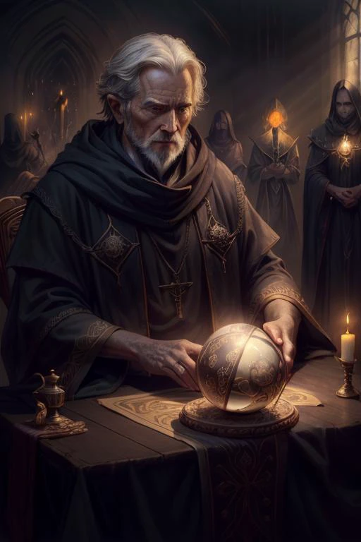 a profestional picutre of 1man, <lora:Clothing - Dark Priest:0.7> darkpriest with dark robe , Spiritualist's Sance: Behavior: The character sits at a table, hands resting lightly on a planchette or crystal ball. Their voice is hushed as they attempt to communicate with the beyond. Their demeanor oscillates between anticipation and receptiveness to any signs from the spiritual realm.,, camera angle wide shot and portrait, blend photorealism 2 2 : fashion shadows photographic unreal 5 daz. rpg ,extremely detailed artgerm greg rutkowski greg,((ultrasharp)),((masterpiece)),((best quality)),((ultradetailed)),((intricated details)), ultradetailed character, detailed face, intricated face details, <lyco:GoodHands-beta2:1.0> <lora:add_detail:0.5> , extremaly detailed background,