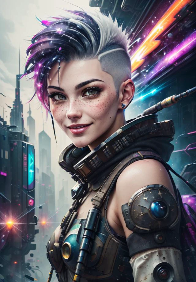 StarDust, (masterpiece), (half-turn:1.2), freckles, (best quality:1.2), absurdres, (intricate details:1.2), (smiling:1.1), (city ruins:1.1), (cyberpunk:1.2), (beautiful 25 yo sniper:1.2), (short white hair:1.1), (hi-top fade:1.3), (wearing cuberpunk armor:1.2), <lora:StarDust:0.7>, (natural skin texture:1.2)