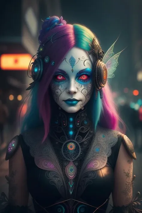 photography of a creepy and cute fairy, perfect face, intricate details, realism, colorful cyberpunk