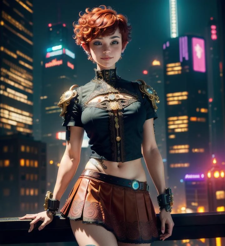 (masterpiece), (best quality:1.2), absurdres, (intricate details:1.2), wideangle, abs, (smiling:0.9), (detailed night city:1.2), (low light:1.3), (cyberpunk:1.2), (beautiful 25y.o. amercian cyborg:1.2), medium hair, pixie cut hair, (curly hair:1.1), (red hair:1.1), (oily hair:0.8), (wearing shirt and skirt}:1.2)(ornate:1.3)
