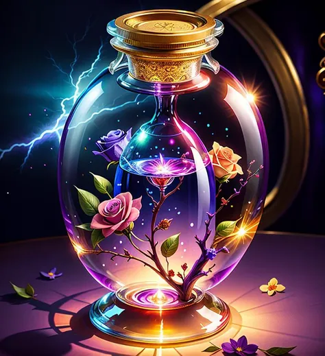 flowers roses, a glass bottle with a purple liquid inside of it, painting of one health potion, world of warcraft spell icon, fantasy game spell icon, lightning mage spell icon, magic spell icon, league of legends inventory item, potion, fantasy game spell symbol