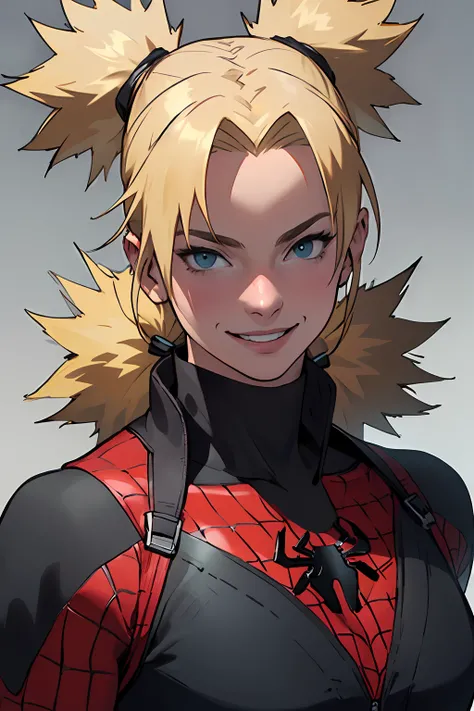 manga illustration, masterpiece, best quality, ultra-detailed, Portrait of beautiful TemariNS in the iconic spider-woman outfit, solo, blonde hair, quad_tails, looking_at_viewer, closed_mouth, smile, simple_background, portrait, volumetric lighting, best quality, masterpiece, intricate details, tonemapping, sharp focus, hyper detailed, trending on Artstation, <lora:TemariNS:1>