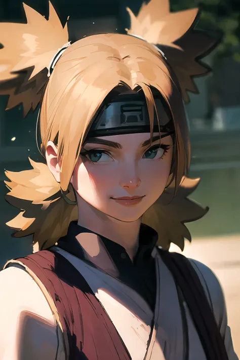 masterpiece, best quality, ultra-detailed, Portrait of beautiful TemariNS in jedioutfit, solo, blonde, quad_tails, looking_at_viewer, closed_mouth, forehead_protector, smile, simple_background, portrait, volumetric lighting, best quality, masterpiece, intricate details, tonemapping, sharp focus, hyper detailed, trending on Artstation, <lora:jedioutfit:1> <lora:TemariNS:1>