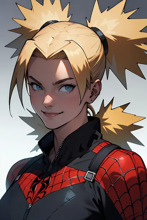 manga illustration, masterpiece, best quality, ultra-detailed, Portrait of beautiful TemariNS in the iconic spider-woman outfit, solo, blonde hair, quad_tails, looking_at_viewer, closed_mouth, smile, simple_background, portrait, volumetric lighting, best quality, masterpiece, intricate details, tonemapping, sharp focus, hyper detailed, trending on Artstation, <lora:TemariNS:1>