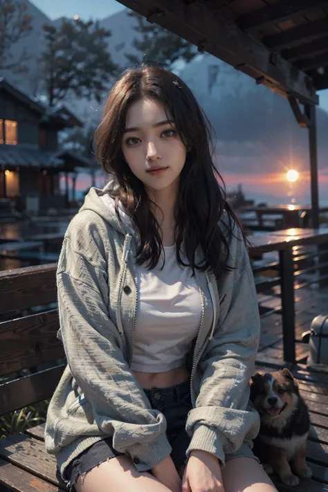 (1girl, (young)), sitting, smile, sharp focus, oversized hoodie, eager pet pose,
((sunset)),volumetric fog, outdoors,