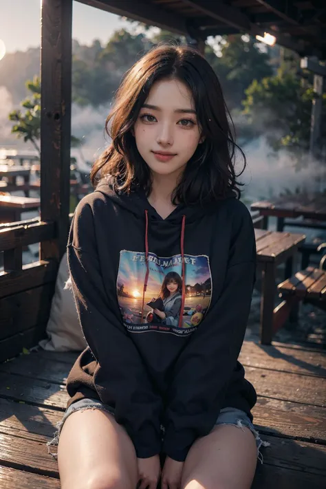 (1girl, (young)), sitting, smile, sharp focus, oversized hoodie, eager pet pose,
((sunset)),volumetric fog, outdoors,
