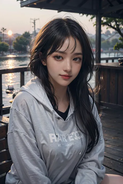 (1girl, (young)), sitting, smile, sharp focus, oversized hoodie, eager pet pose,
((sunset)),volumetric fog, outdoors,