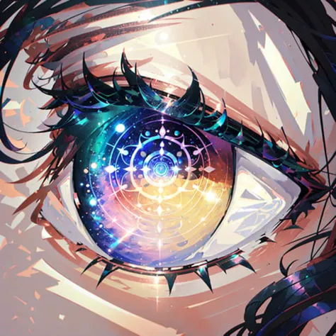 depth of field, 1girl, eye focus, close-up, iridescent eyes, star eyes, starry sky, (magic circle), shimmer hair, glowing hair, (iridescent black hair) <lora:eye:0.85>