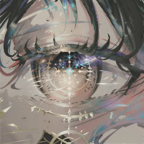 depth of field, 1girl, (((eye focus, close-up))), iridescent eyes, star eyes, starry sky, (magic circle), shimmer hair, glowing hair, (iridescent black hair) <lora:eyeLora_v10:1>