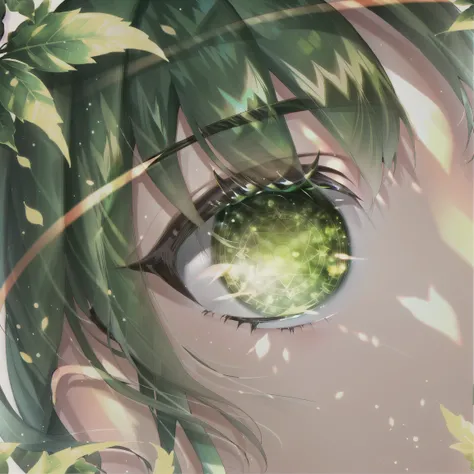 depth of field, 1girl, eye focus, close-up, green leaf eyes, nature eyes, leafs and grass, (magic circle), shimmer hair, glowing hair, (green leaf hair) <lora:eyeLora_v10:1>