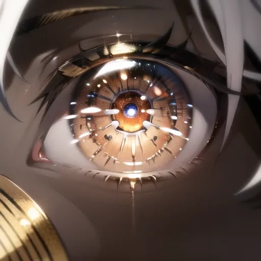 ((masterpiece:1.2, best quality)), extremely detailed, intricate, ((clear_focus)), ((sharp_focus)), very deep eyes, ((round pupils)), big anime eyes, shining, (golden eyes:1.5), tanned skin, golden tattoo around eye, loraeyes, white hair