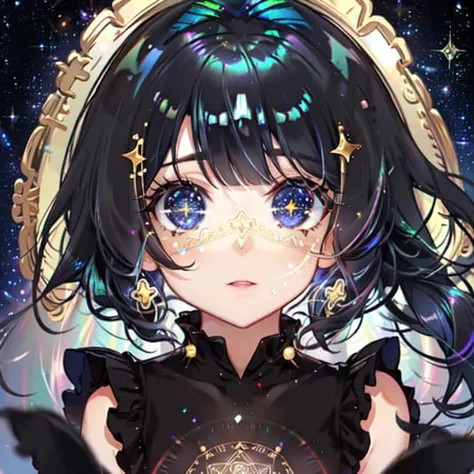 depth of field, 1girl, eye focus, close-up, iridescent eyes, star eyes, starry sky, (magic circle), shimmer hair, glowing hair, (iridescent black hair) <lora:eyeLora_eyesV10:0.85>