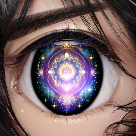 depth of field, 1girl, eye focus, close-up, iridescent eyes, star eyes, starry sky, (magic circle), shimmer hair, glowing hair, (iridescent black hair) <lora:eyeLora_eyesV10:0.85>